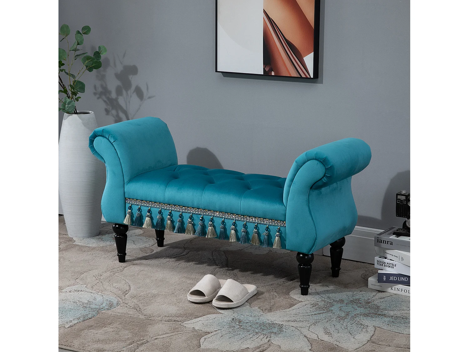 Luxe gestoffeerde bank, vintage design, polyester en rubber, blauw (117x40x58 cm)