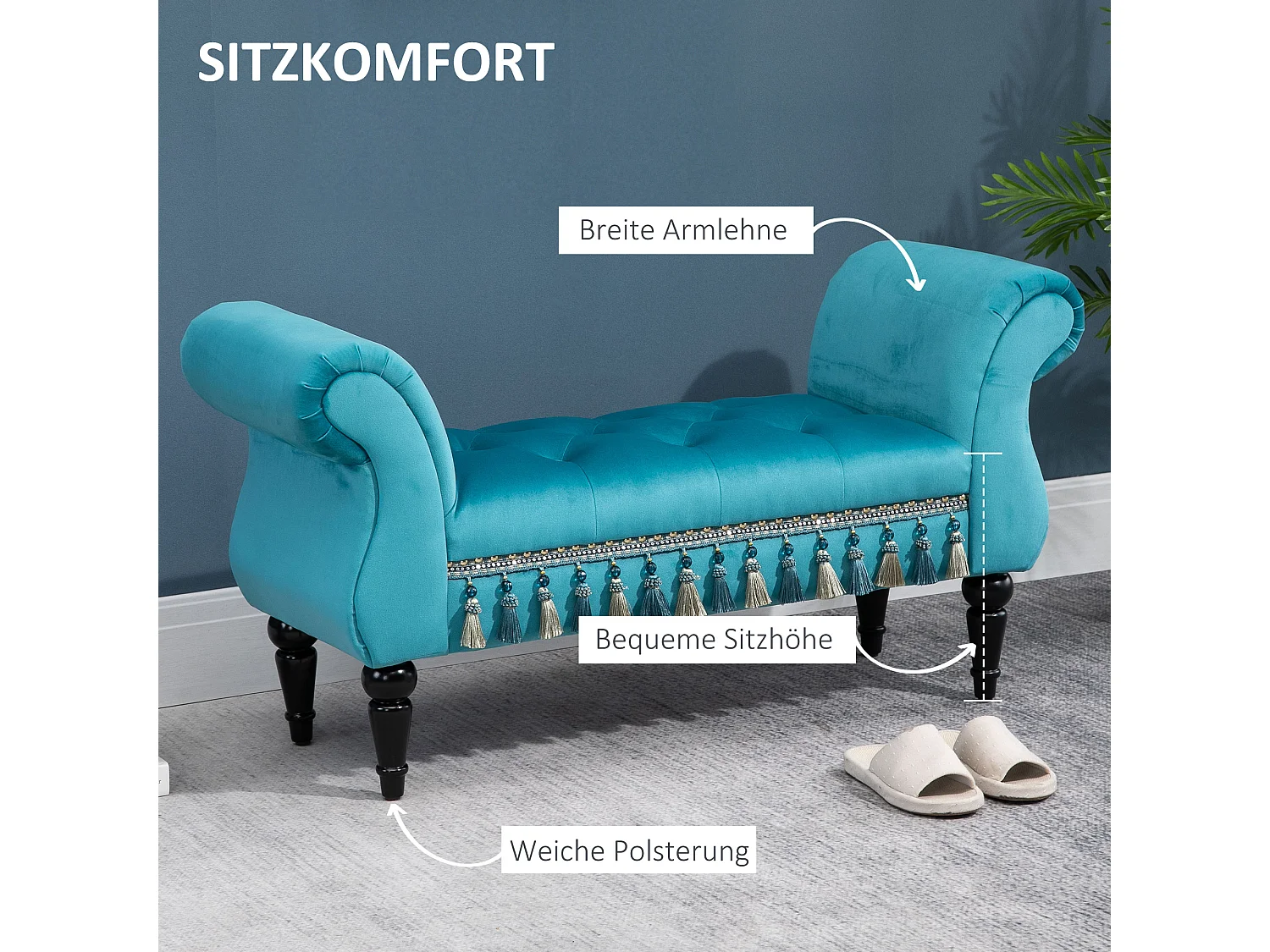 Luxe gestoffeerde bank, vintage design, polyester en rubber, blauw (117x40x58 cm)