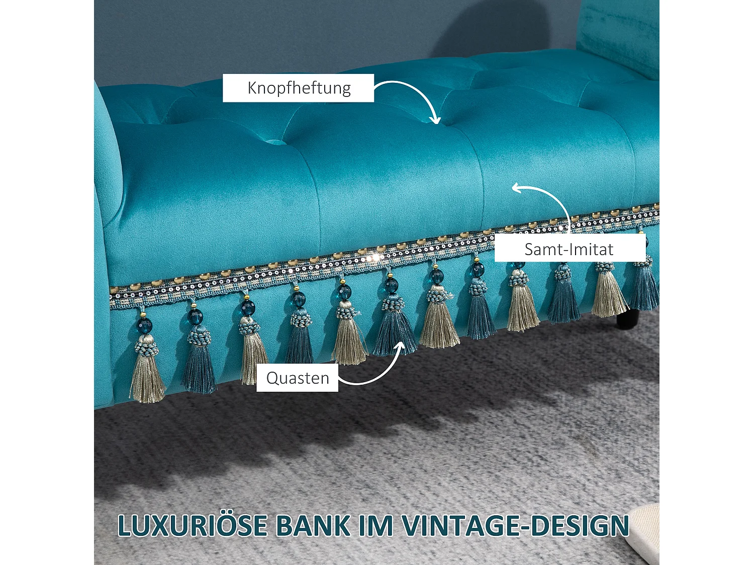 Luxe gestoffeerde bank, vintage design, polyester en rubber, blauw (117x40x58 cm)