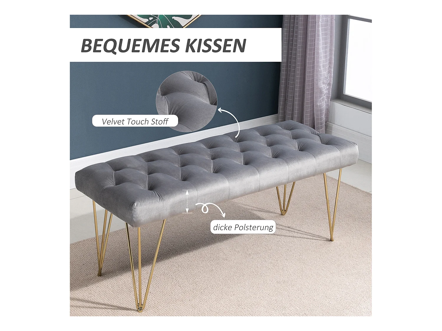 Banc d'Entrée avec Rangement, Tissu Velours, Gris Clair (116x44.5x49 cm)