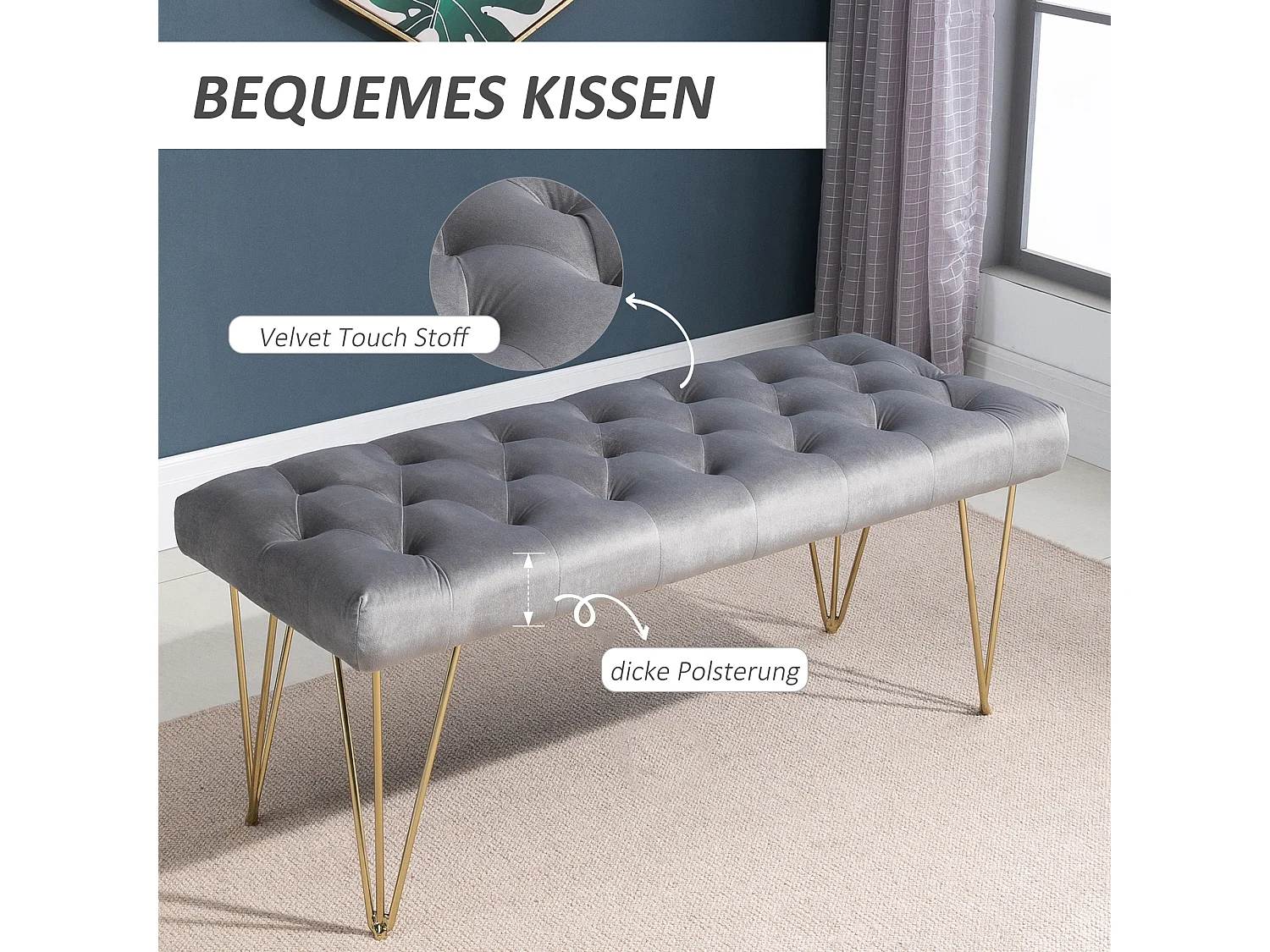 Banc d'Entrée avec Rangement, Tissu Velours, Gris Clair (116x44.5x49 cm)