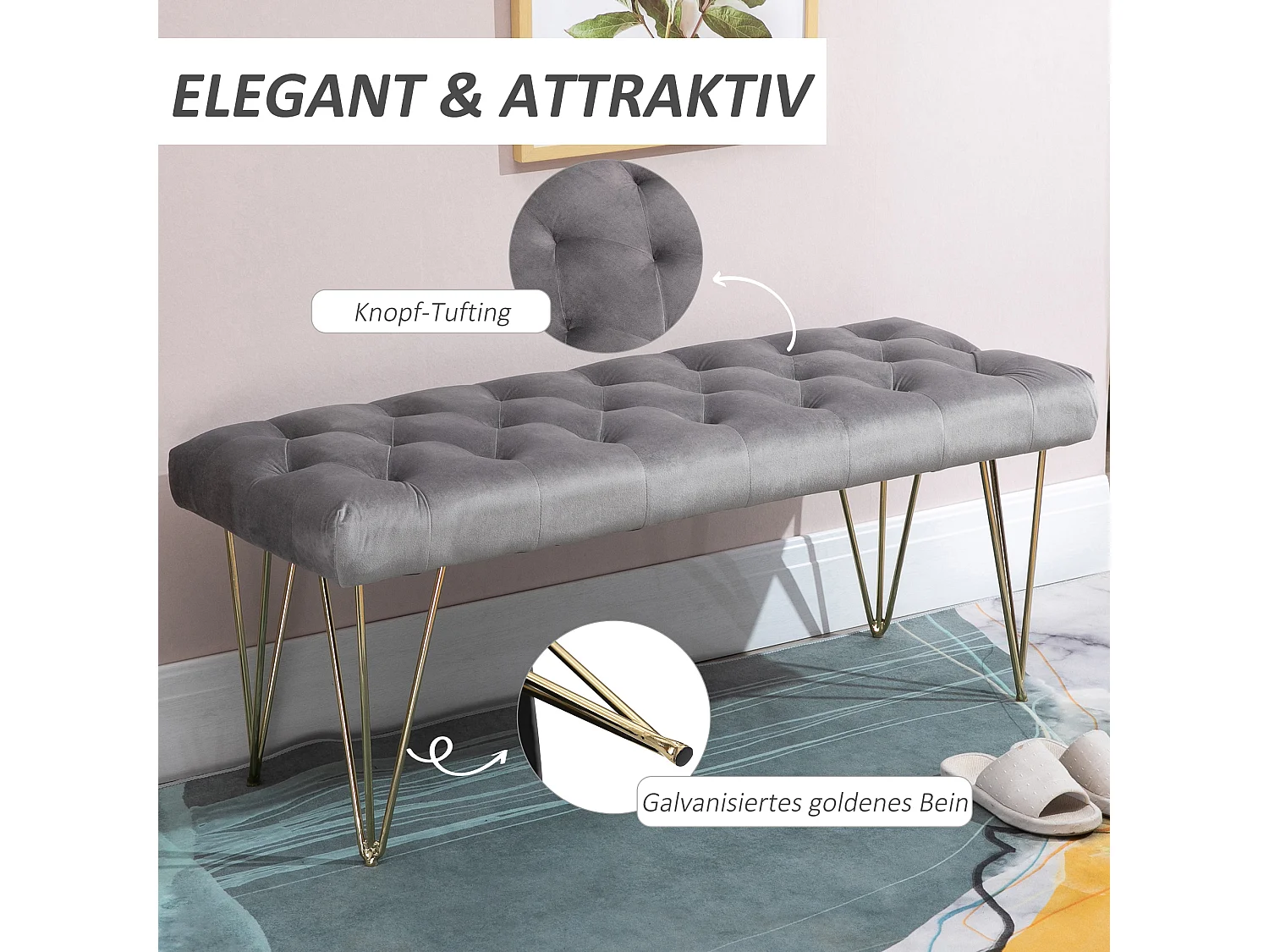 Banc d'Entrée avec Rangement, Tissu Velours, Gris Clair (116x44.5x49 cm)