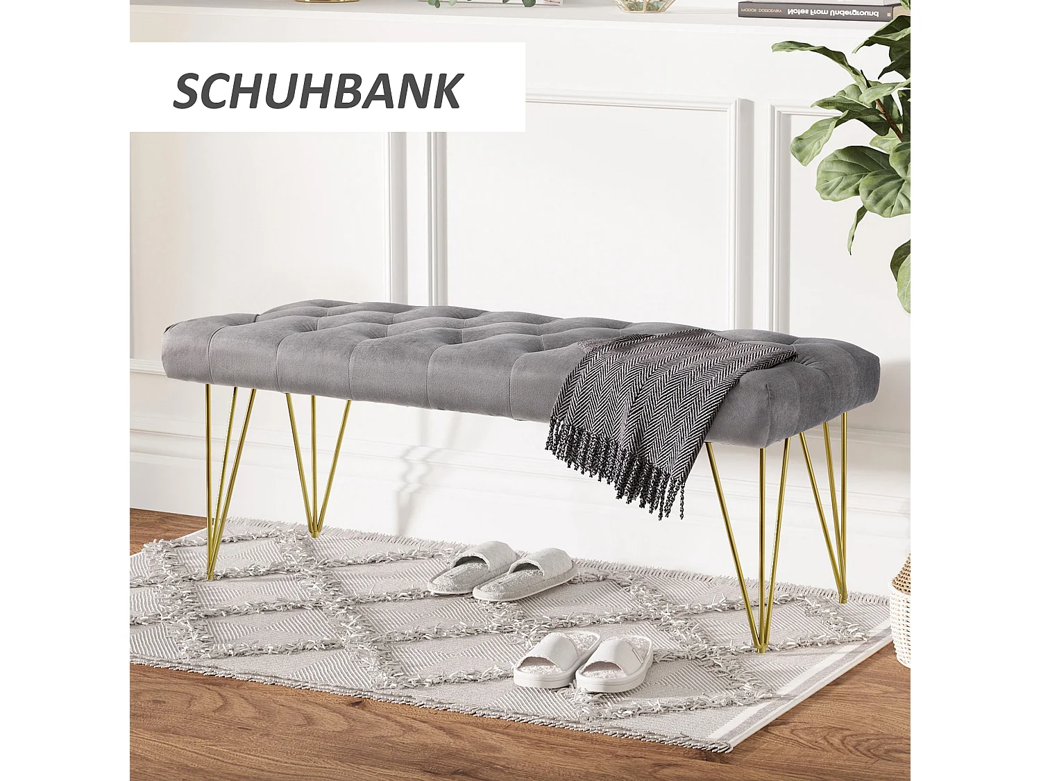 Banc d'Entrée avec Rangement, Tissu Velours, Gris Clair (116x44.5x49 cm)