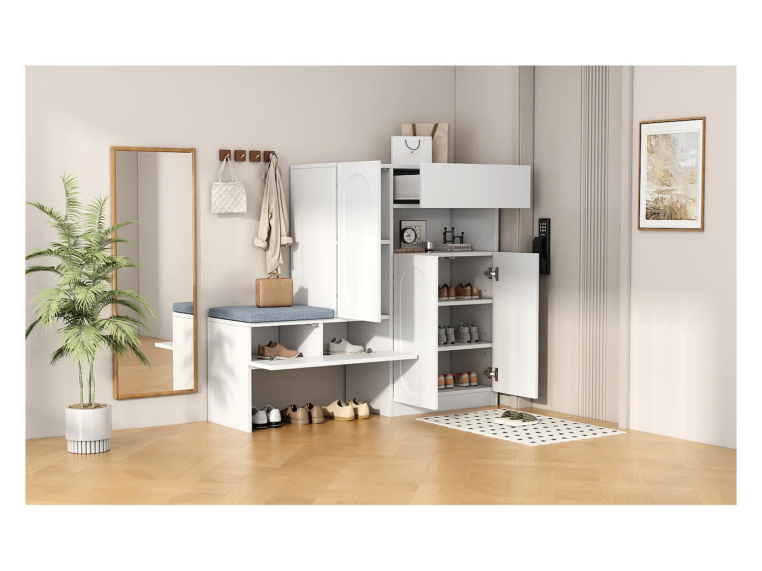 Meuble à chaussures 2-en-1 avec portes arquées, fonction Soft-Close, étagères réglables et banc rembourré, blanc (130x35x110 cm)