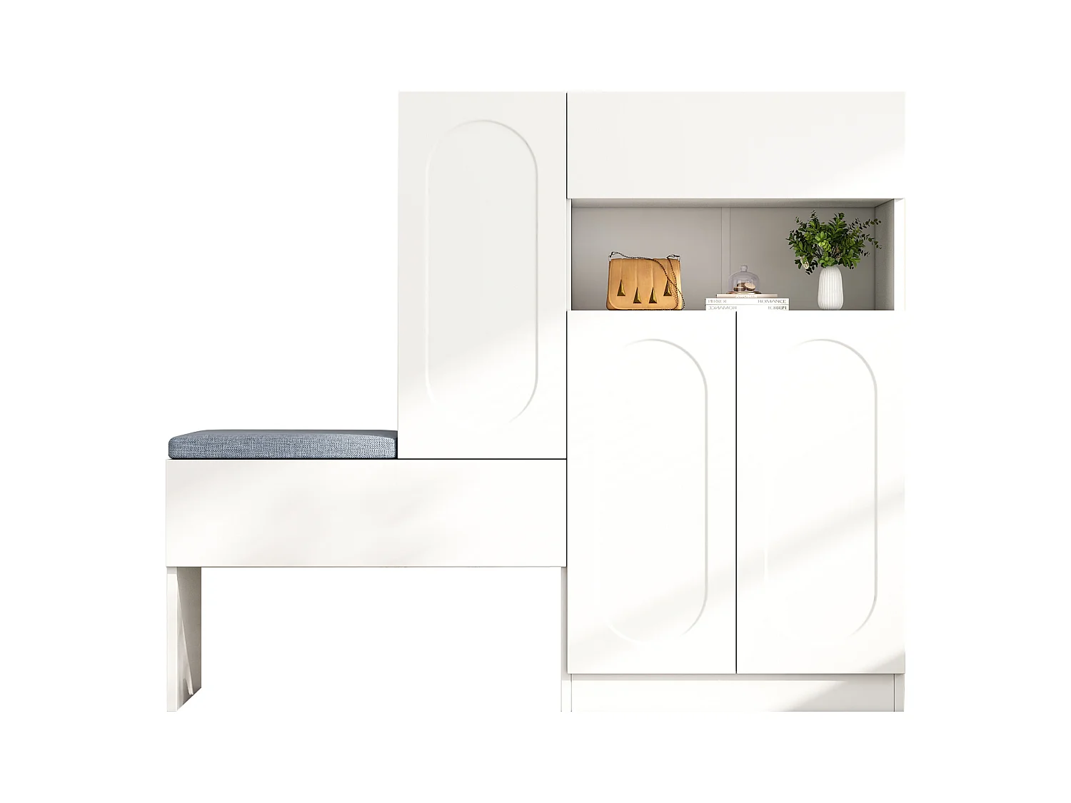 Meuble à chaussures 2-en-1 avec portes arquées, fonction Soft-Close, étagères réglables et banc rembourré, blanc (130x35x110 cm)