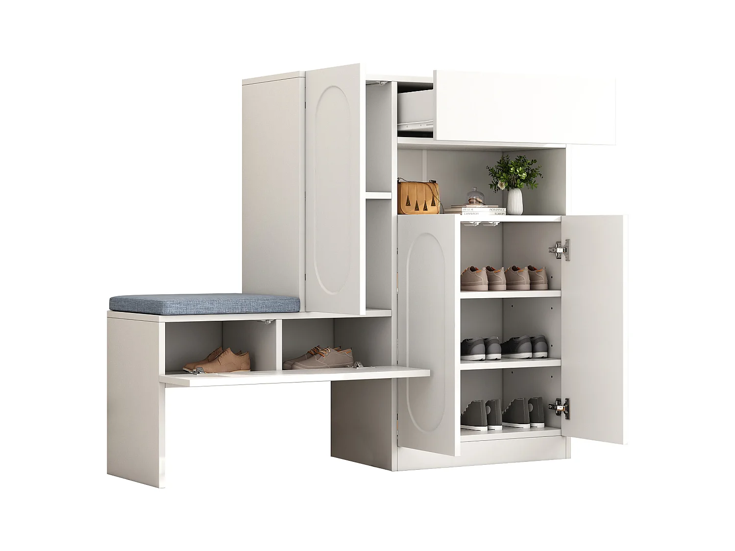 Meuble à chaussures 2-en-1 avec portes arquées, fonction Soft-Close, étagères réglables et banc rembourré, blanc (130x35x110 cm)