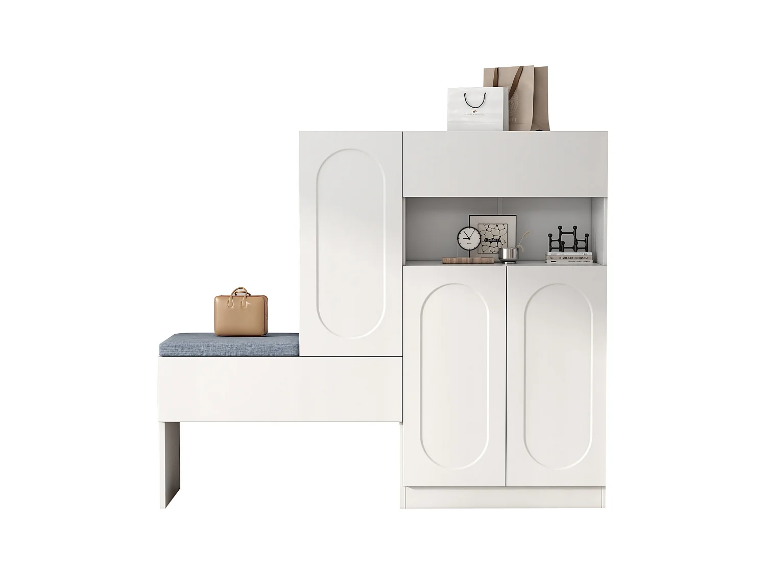 Meuble à chaussures 2-en-1 avec portes arquées, fonction Soft-Close, étagères réglables et banc rembourré, blanc (130x35x110 cm)