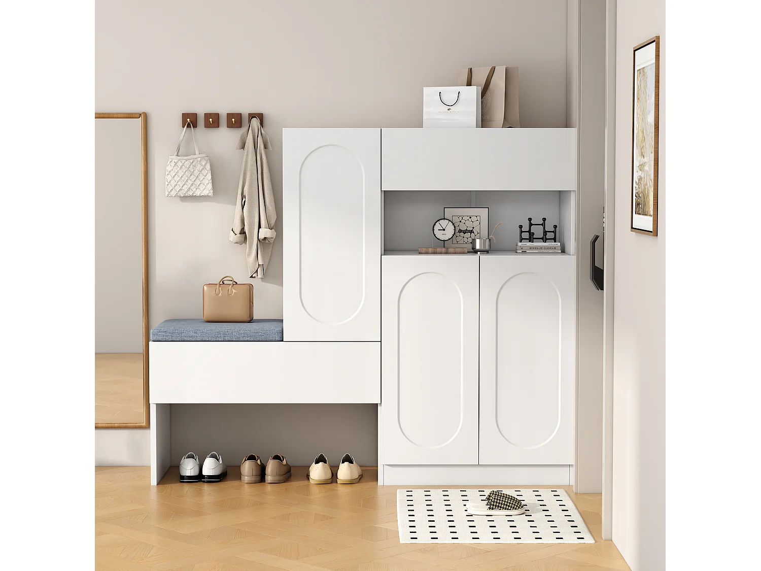 Meuble à chaussures 2-en-1 avec portes arquées, fonction Soft-Close, étagères réglables et banc rembourré, blanc (130x35x110 cm)