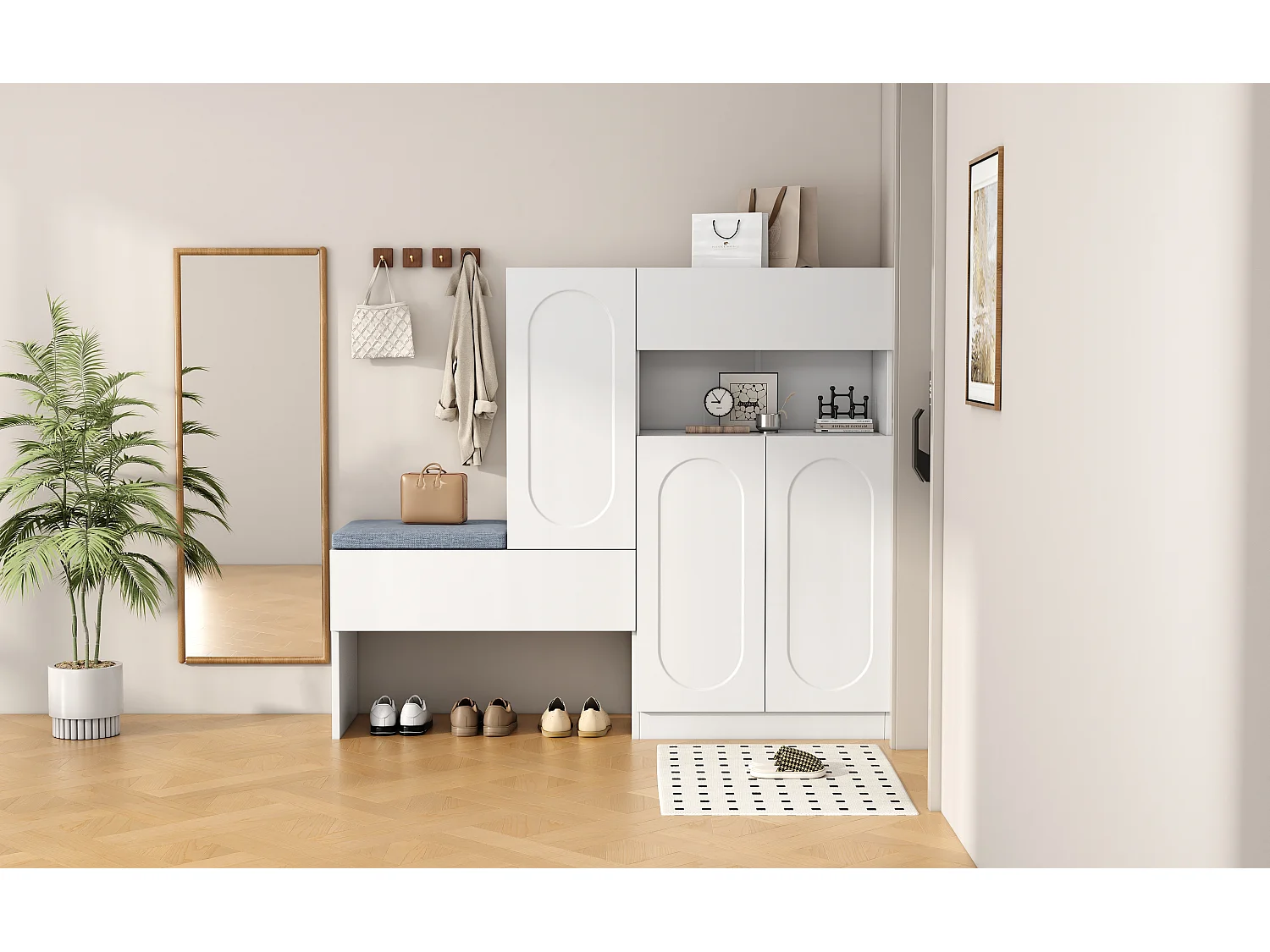 Meuble à chaussures 2-en-1 avec portes arquées, fonction Soft-Close, étagères réglables et banc rembourré, blanc (130x35x110 cm)