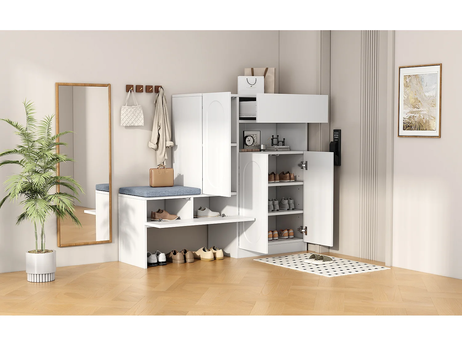 Meuble à chaussures 2-en-1 avec portes arquées, fonction Soft-Close, étagères réglables et banc rembourré, blanc (130x35x110 cm)