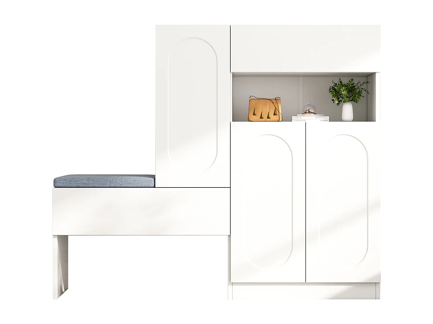 Meuble à chaussures 2-en-1 avec portes arquées, fonction Soft-Close, étagères réglables et banc rembourré, blanc (130x35x110 cm)