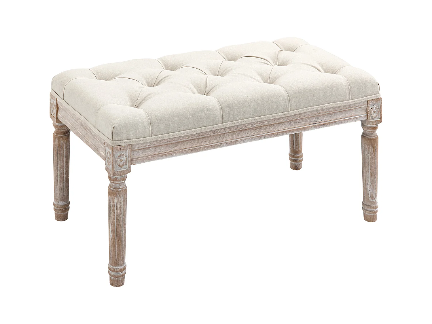 Tabouret de siège, banc rembourré, pieds en bois, tissu effet lin, crème/blanc (80x40x43 cm)