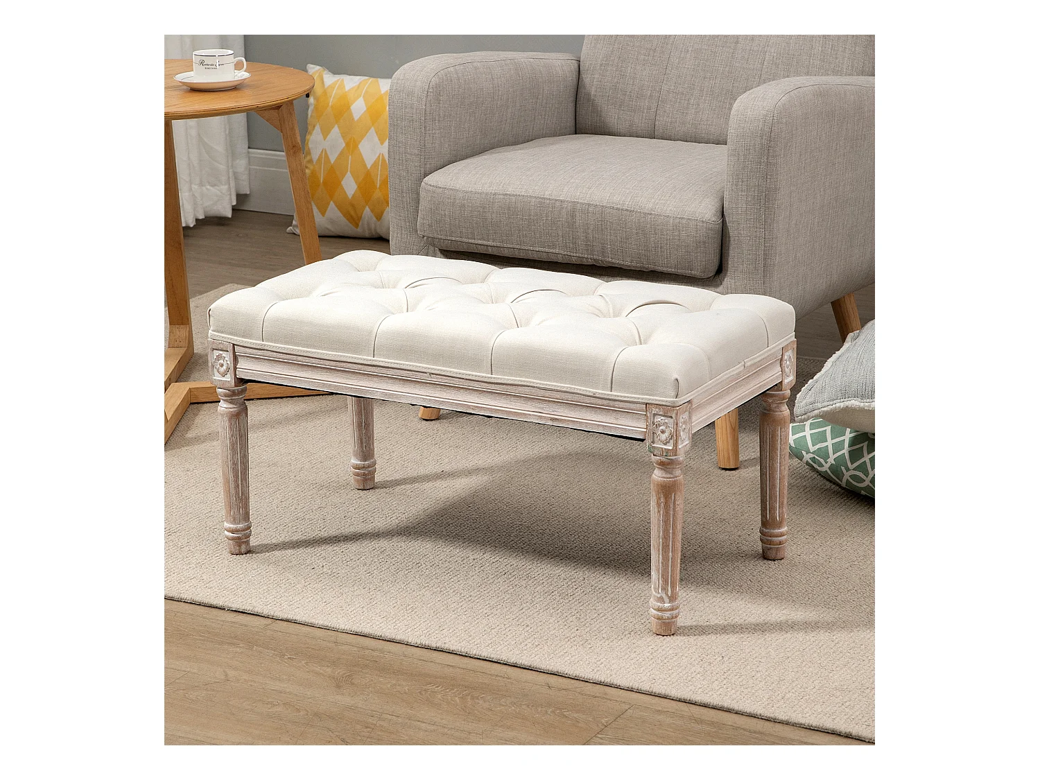 Tabouret de siège, banc rembourré, pieds en bois, tissu effet lin, crème/blanc (80x40x43 cm)