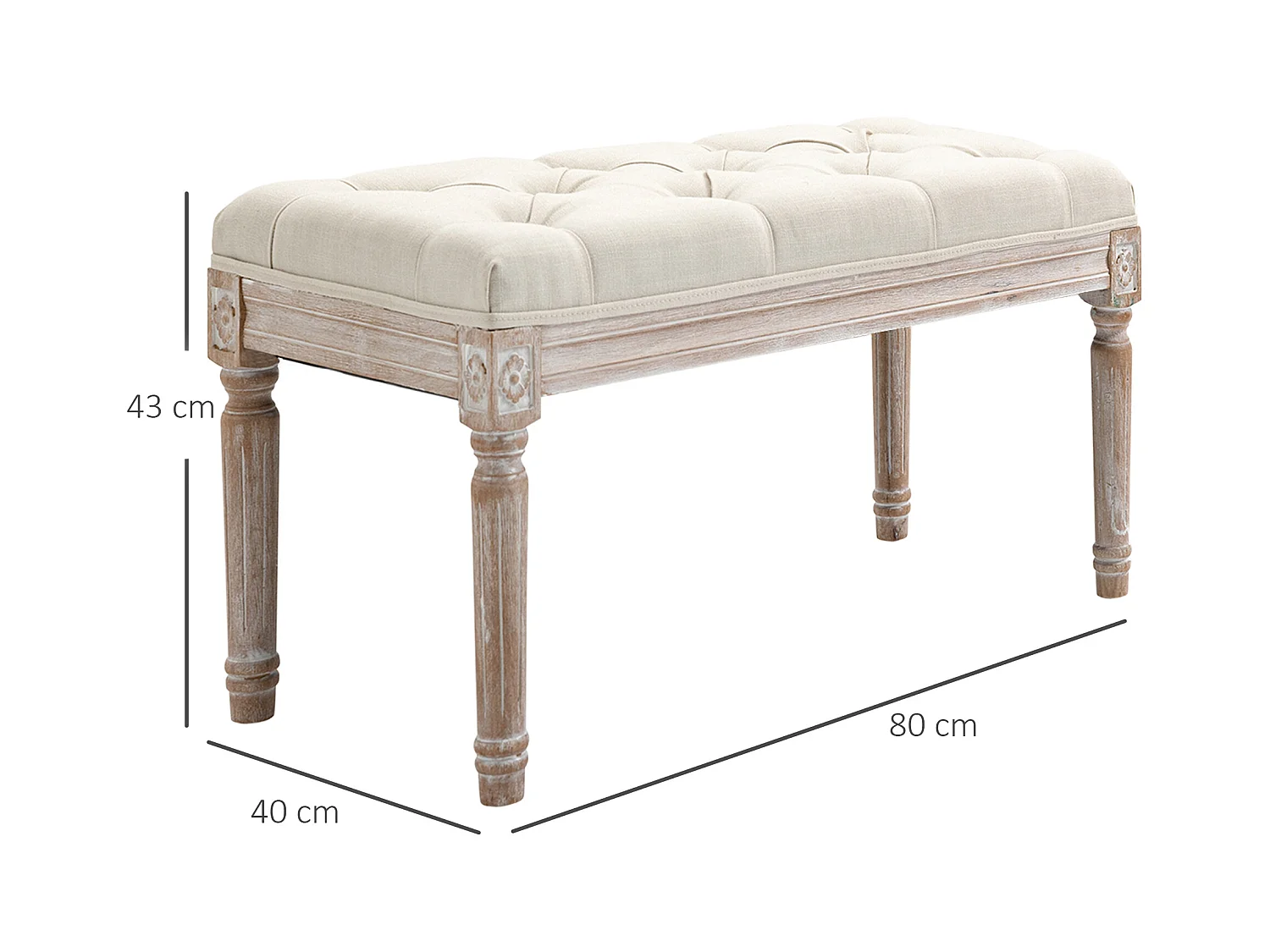 Tabouret de siège, banc rembourré, pieds en bois, tissu effet lin, crème/blanc (80x40x43 cm)