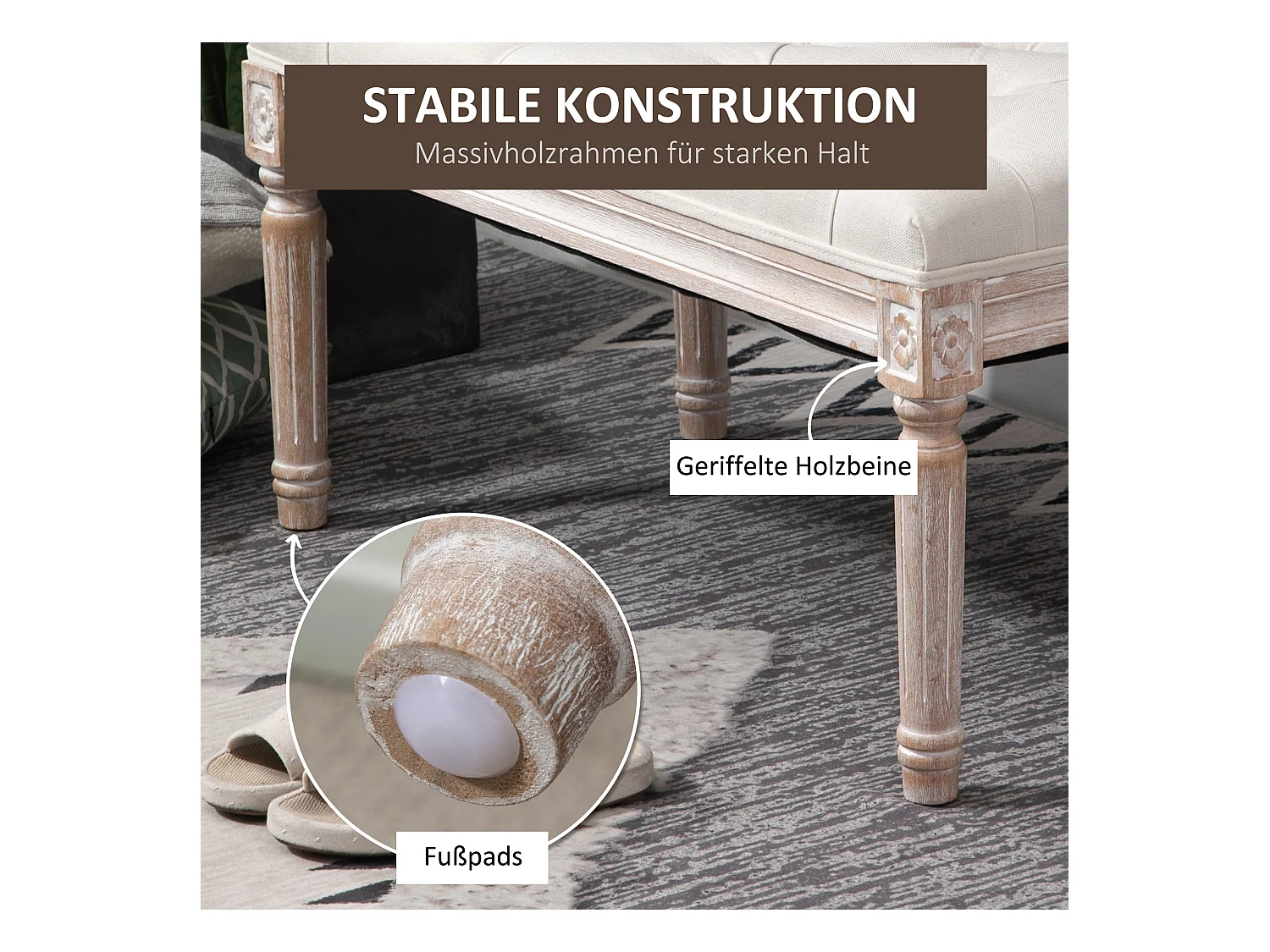 Tabouret de siège, banc rembourré, pieds en bois, tissu effet lin, crème/blanc (80x40x43 cm)