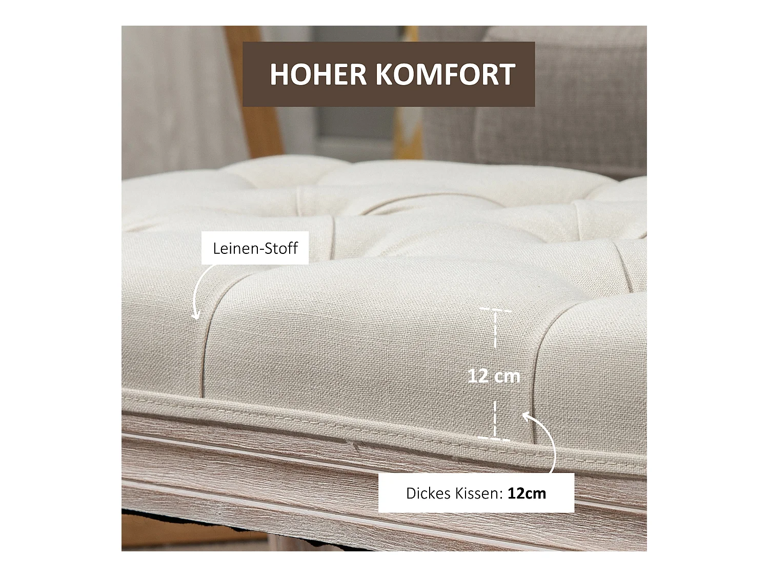 Tabouret de siège, banc rembourré, pieds en bois, tissu effet lin, crème/blanc (80x40x43 cm)