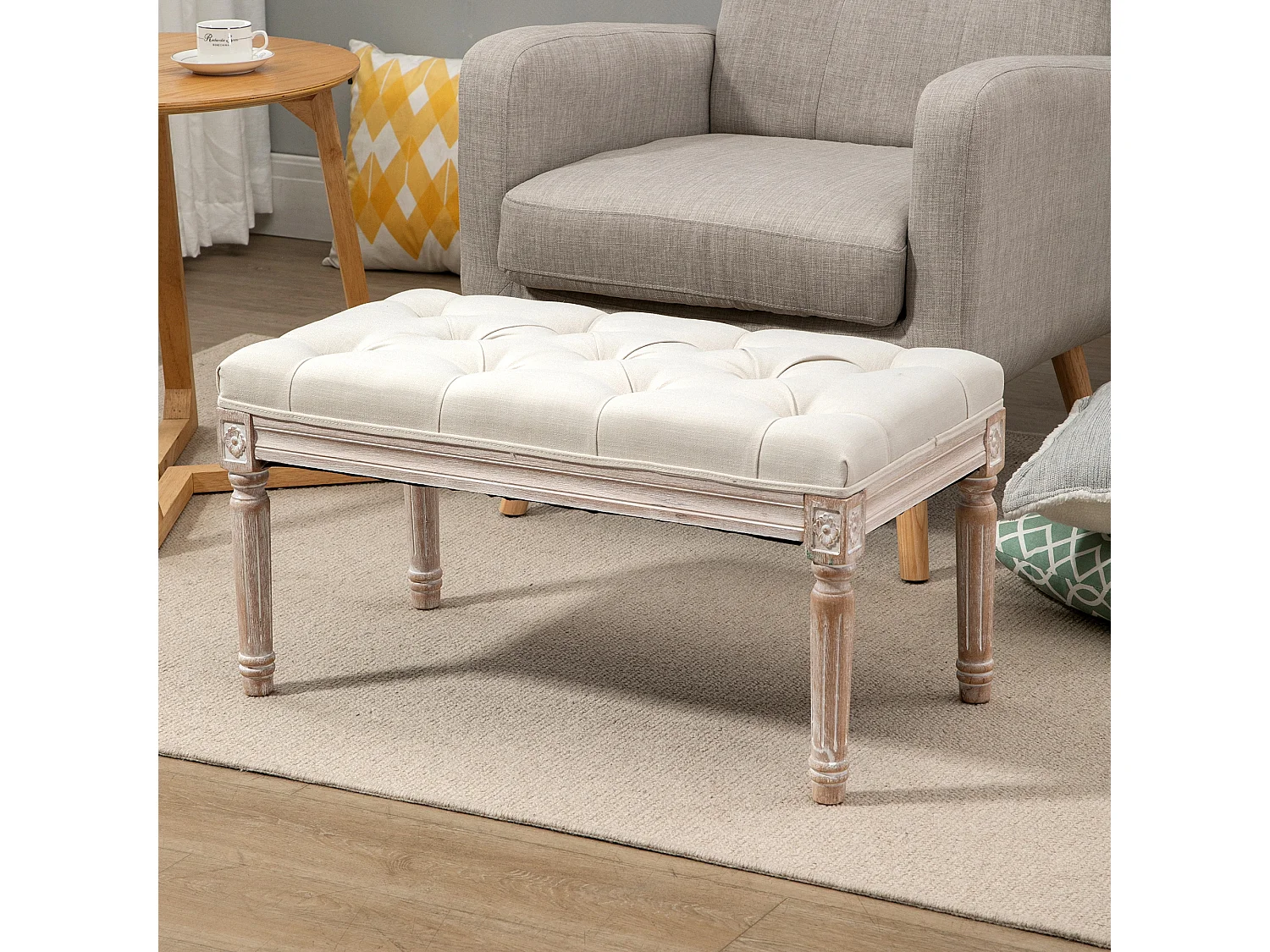 Tabouret de siège, banc rembourré, pieds en bois, tissu effet lin, crème/blanc (80x40x43 cm)