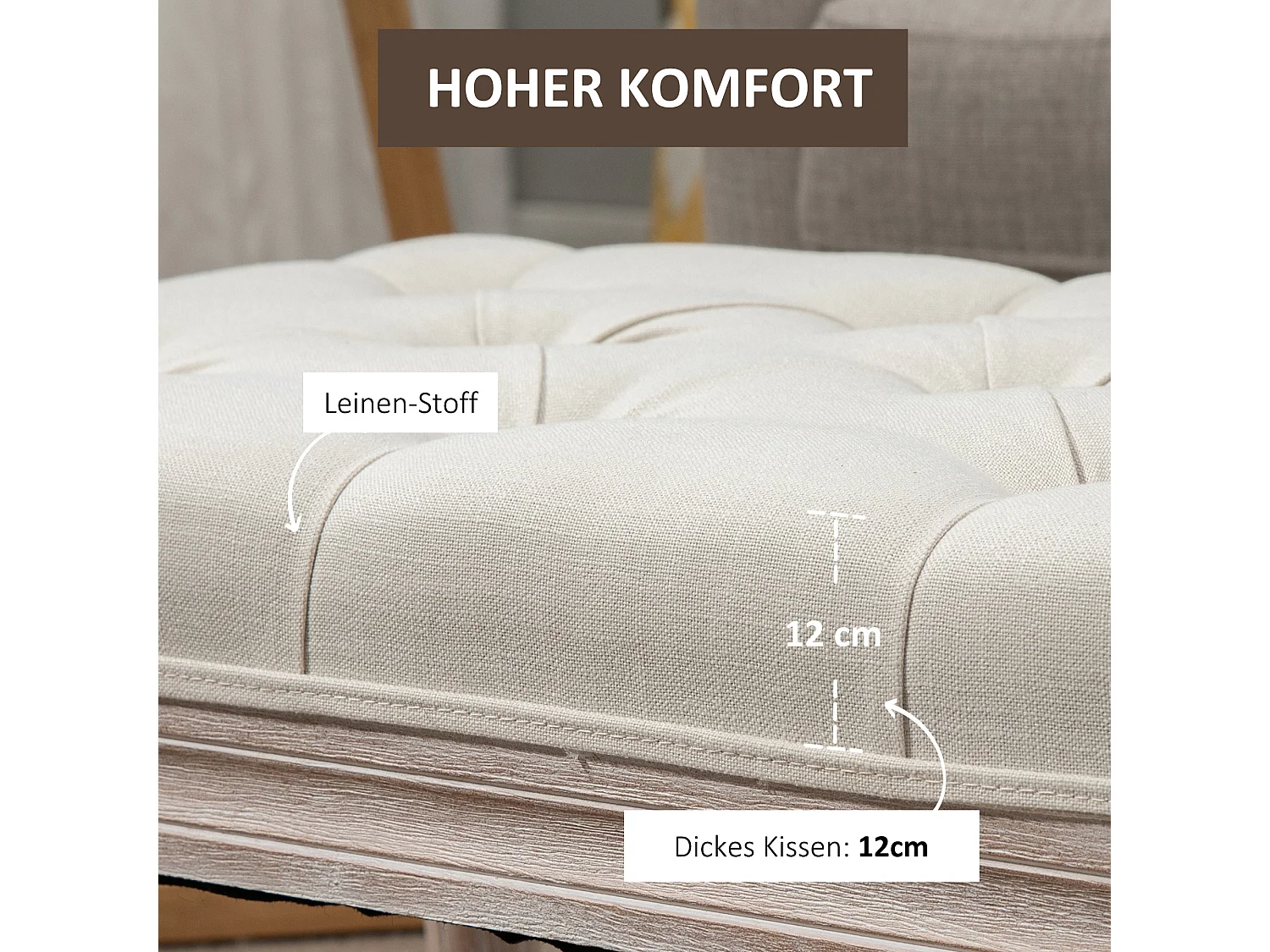 Tabouret de siège, banc rembourré, pieds en bois, tissu effet lin, crème/blanc (80x40x43 cm)