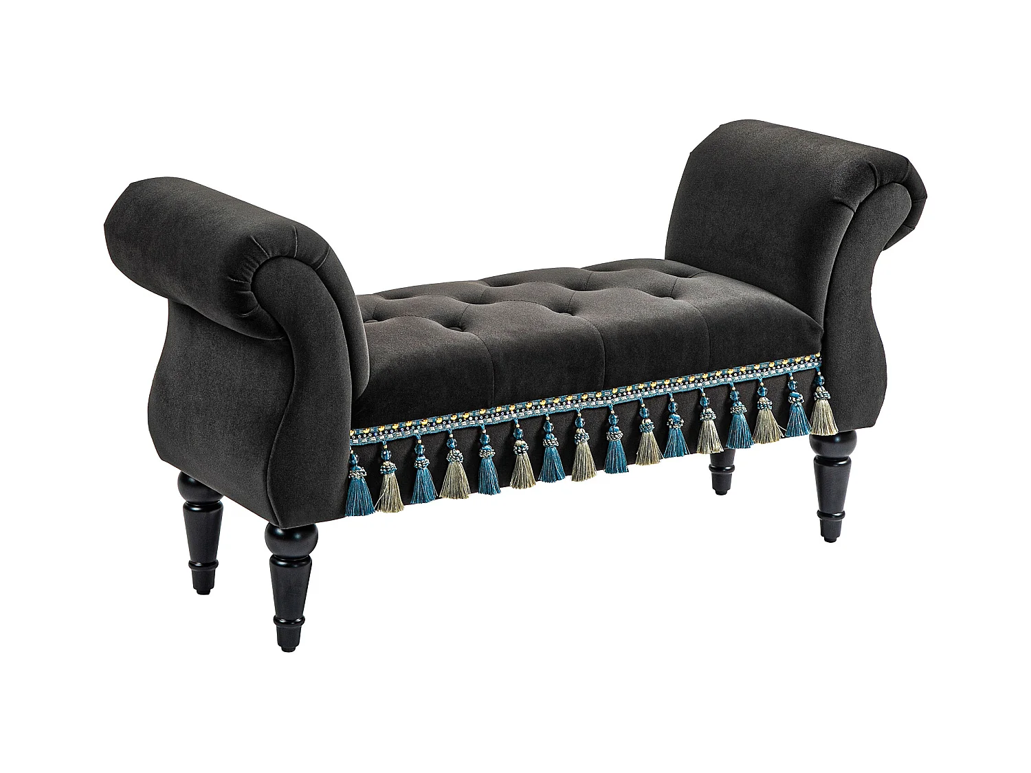 Banquette rembourrée avec rangement, accoudoir, structure bois, velours, gris foncé (117x40x58cm)