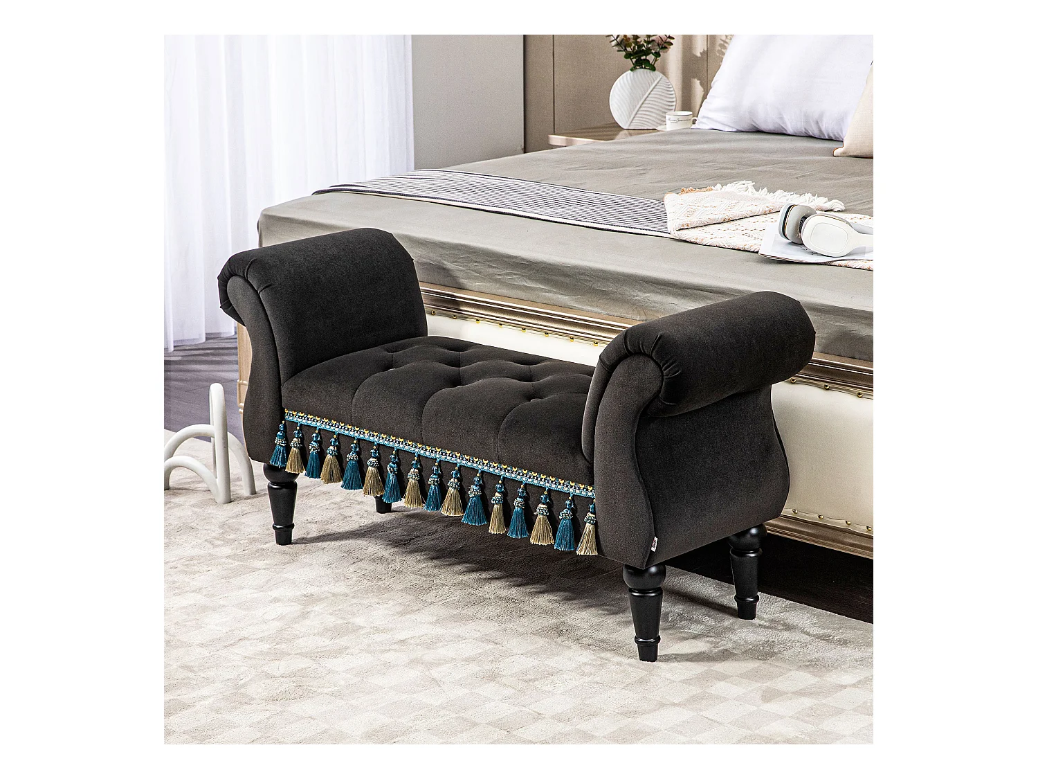 Banquette rembourrée avec rangement, accoudoir, structure bois, velours, gris foncé (117x40x58cm)