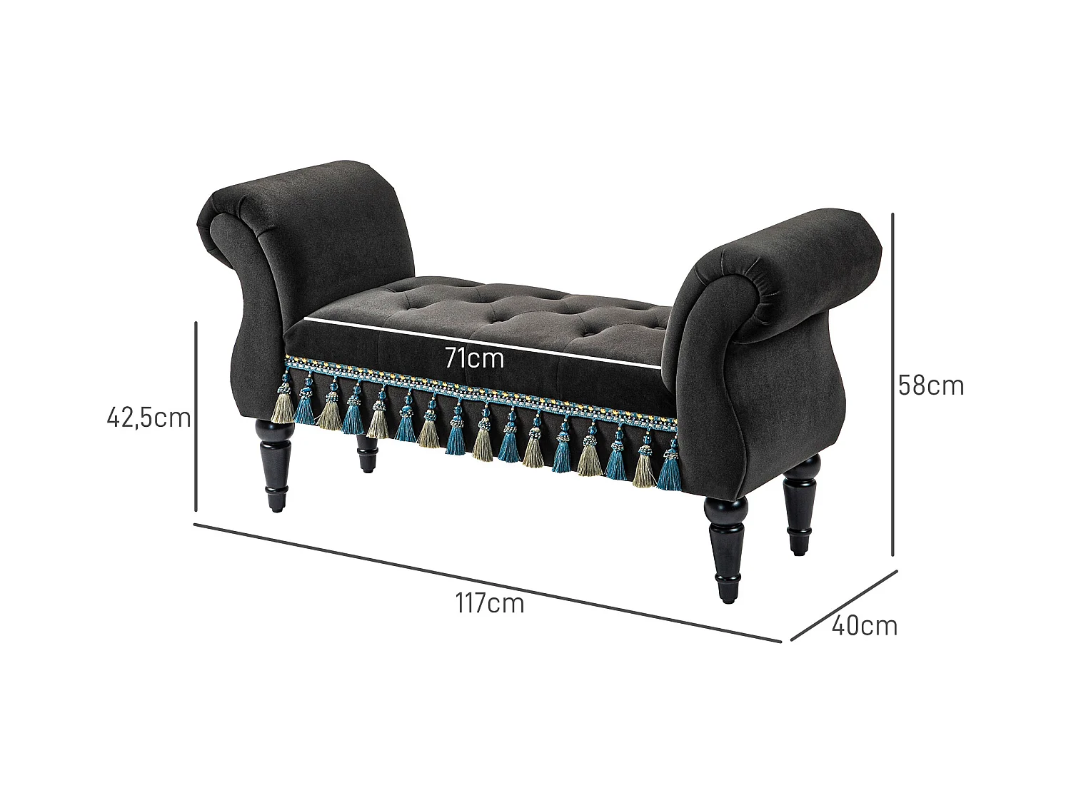 Banquette rembourrée avec rangement, accoudoir, structure bois, velours, gris foncé (117x40x58cm)