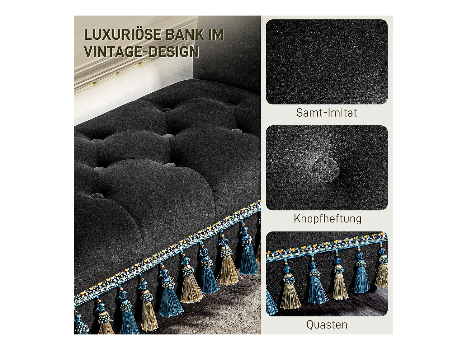 Banquette rembourrée avec rangement, accoudoir, structure bois, velours, gris foncé (117x40x58cm)