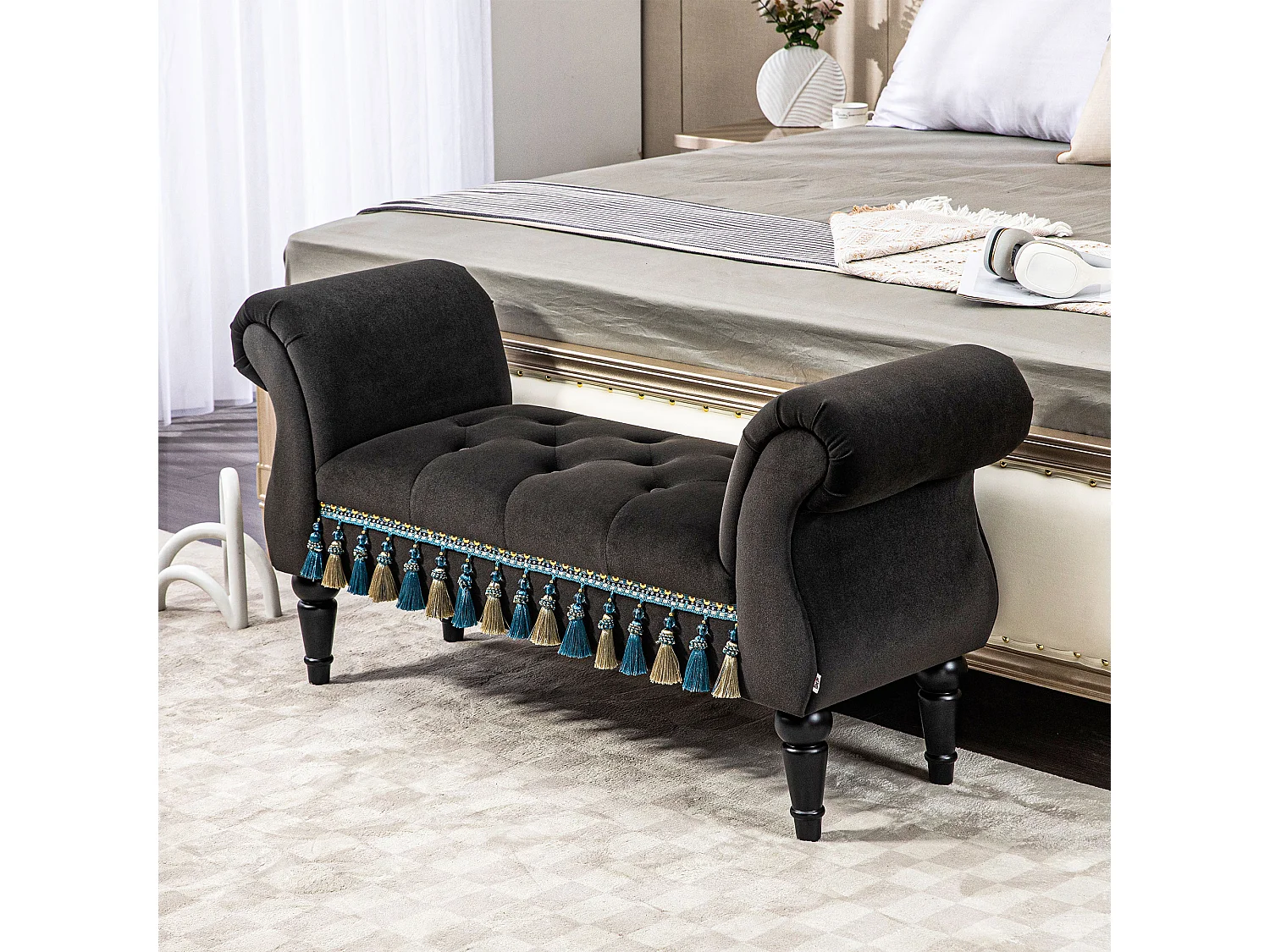 Banquette rembourrée avec rangement, accoudoir, structure bois, velours, gris foncé (117x40x58cm)