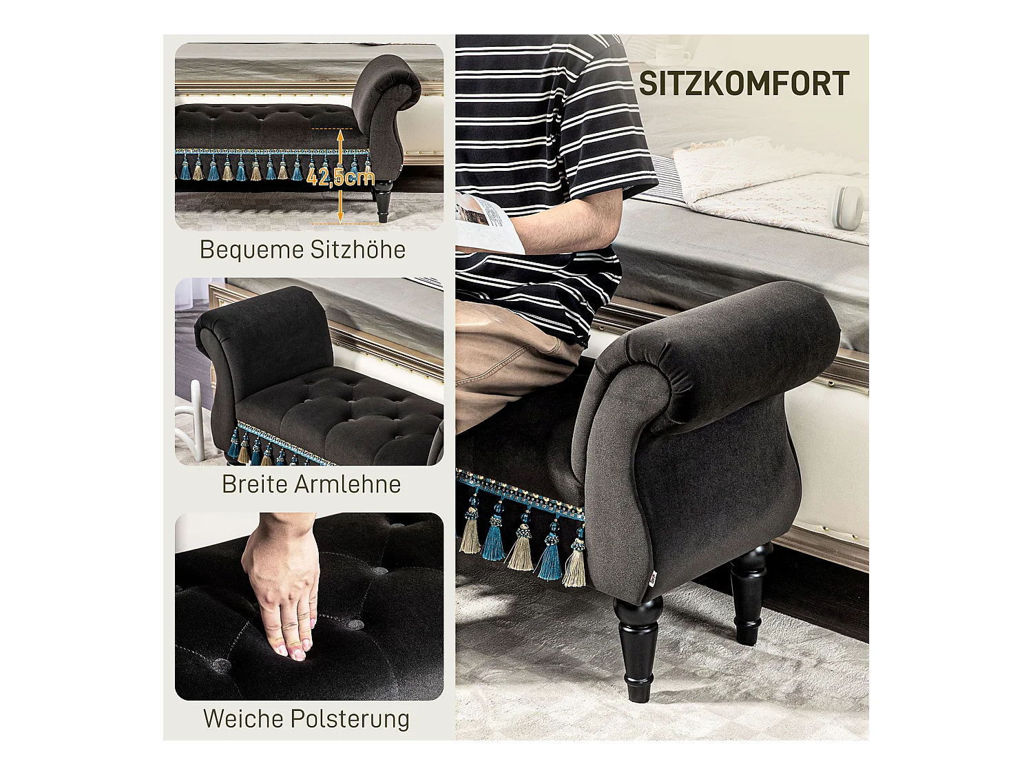 Banquette rembourrée avec rangement, accoudoir, structure bois, velours, gris foncé (117x40x58cm)