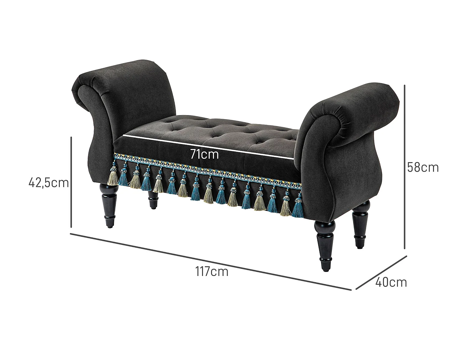 Gestoffeerde bank met opbergruimte, armleuning, houten structuur, fluweel, donkergrijs (117x40x58cm)