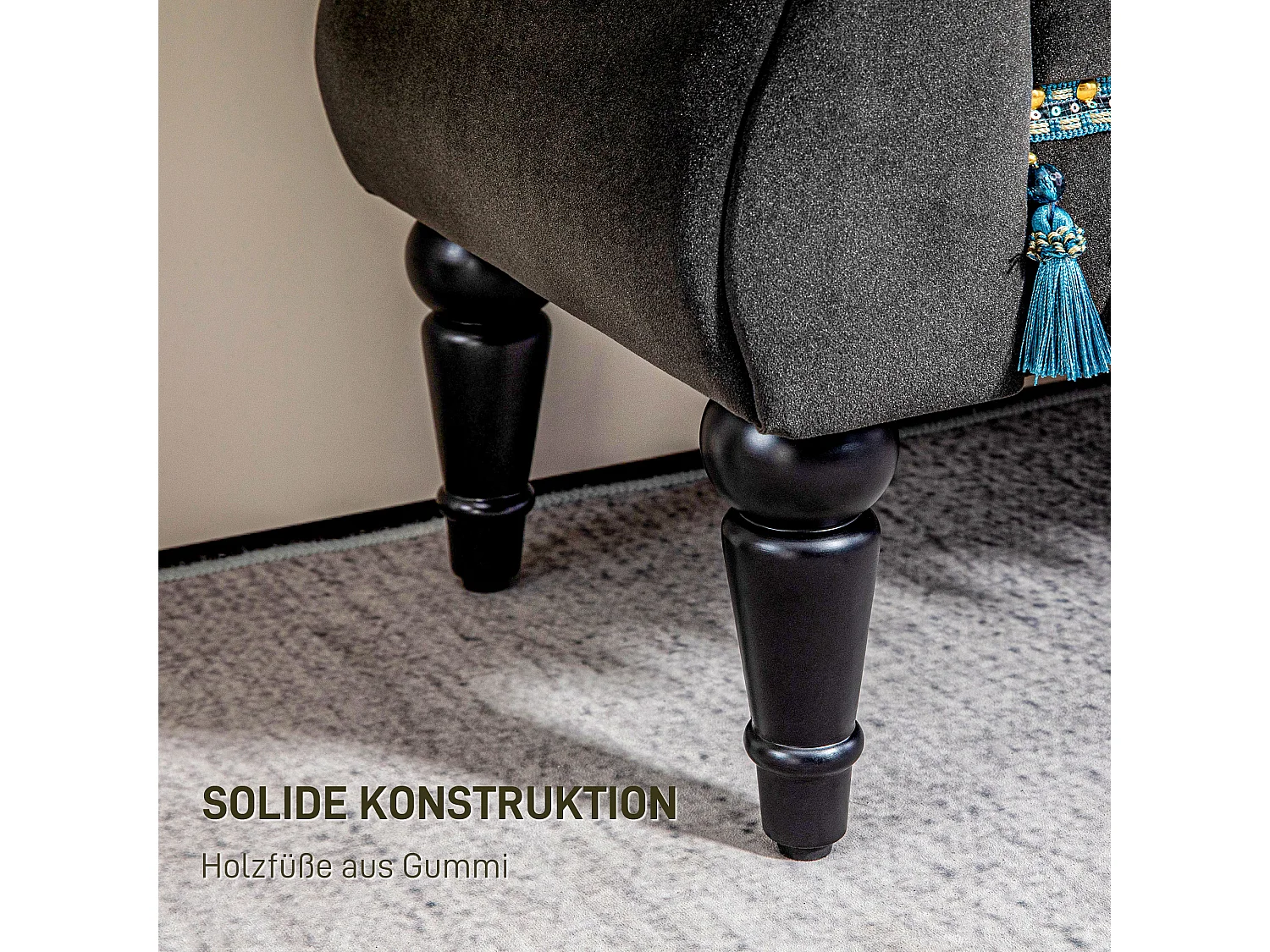 Gestoffeerde bank met opbergruimte, armleuning, houten structuur, fluweel, donkergrijs (117x40x58cm)