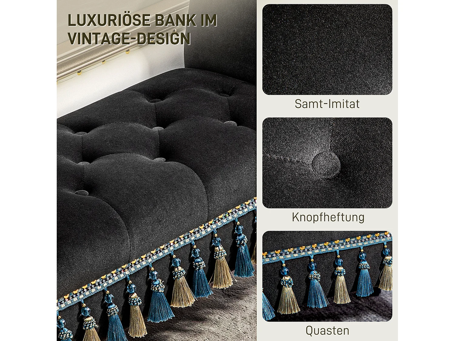 Gestoffeerde bank met opbergruimte, armleuning, houten structuur, fluweel, donkergrijs (117x40x58cm)