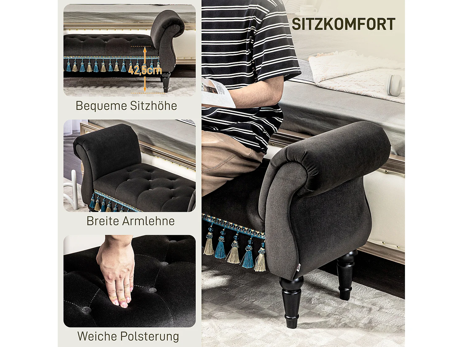 Gestoffeerde bank met opbergruimte, armleuning, houten structuur, fluweel, donkergrijs (117x40x58cm)