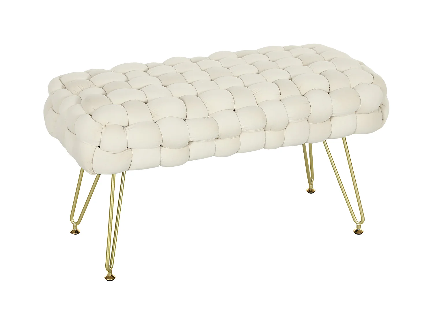 Pouf en velours avec pieds métalliques, confortable et stable, crème (76x38x41.5cm)