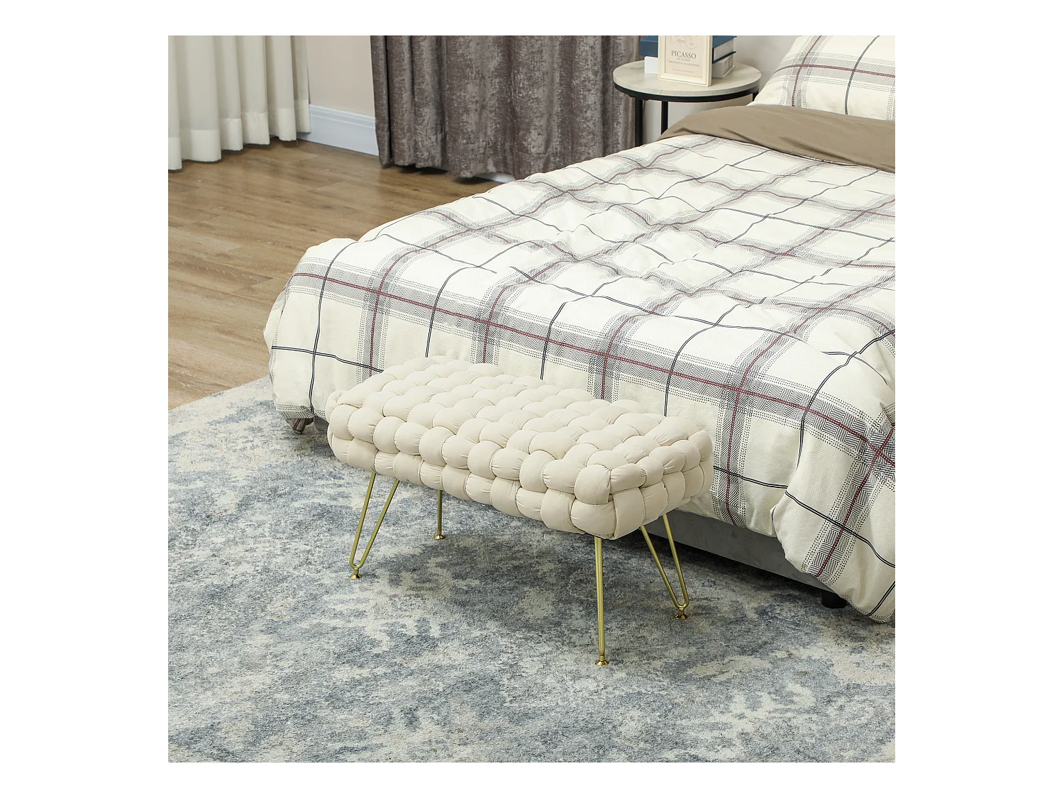 Pouf en velours avec pieds métalliques, confortable et stable, crème (76x38x41.5cm)