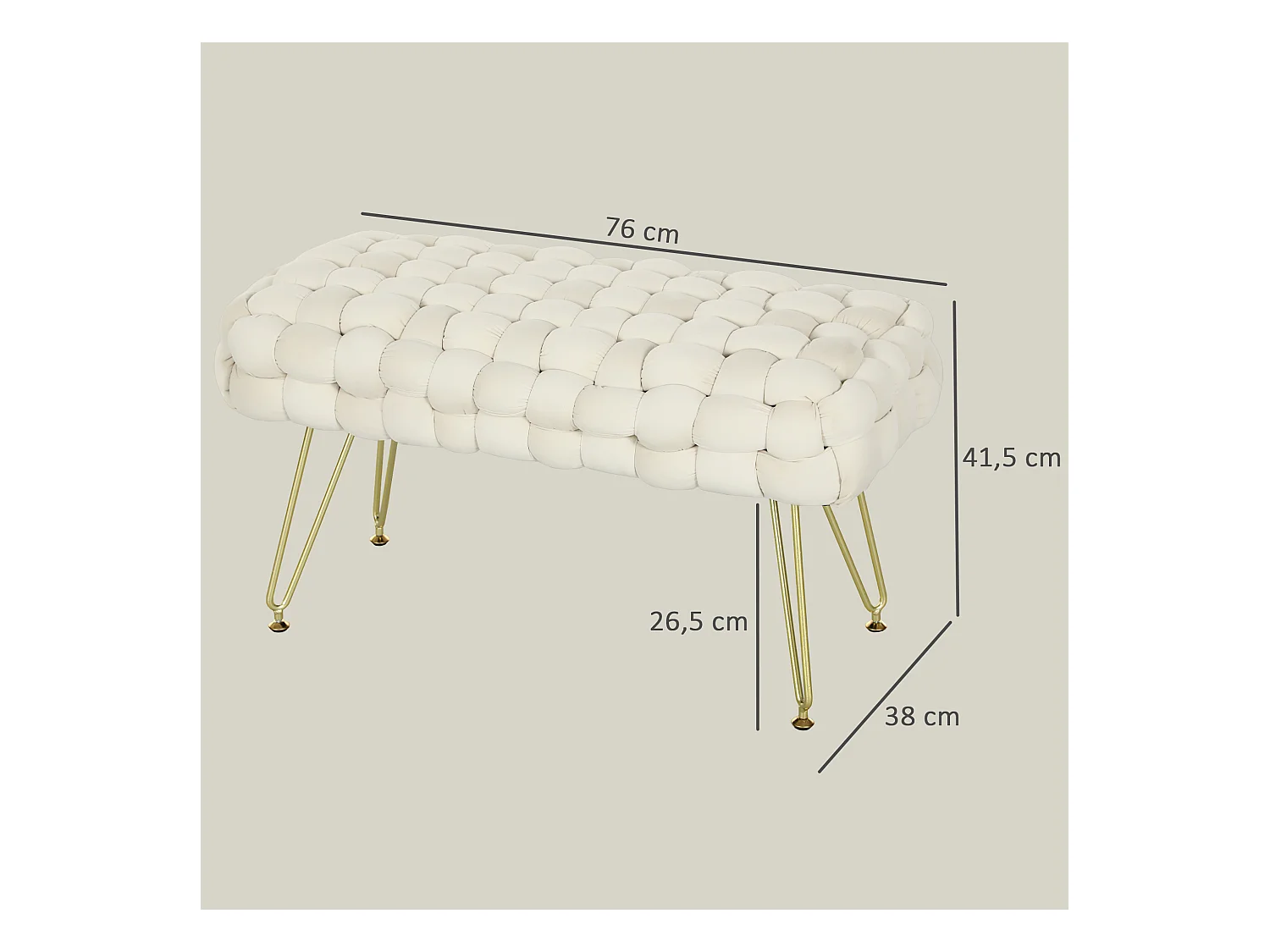 Pouf en velours avec pieds métalliques, confortable et stable, crème (76x38x41.5cm)