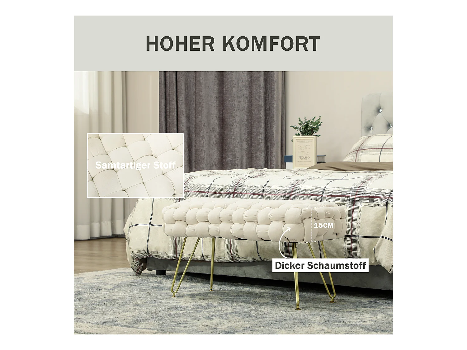 Pouf en velours avec pieds métalliques, confortable et stable, crème (76x38x41.5cm)