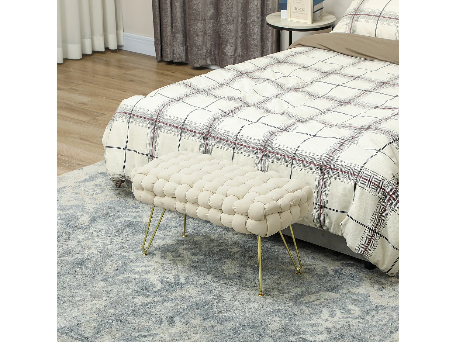 Fluwelen poef met metalen poten, comfortabel en stabiel, crème (76x38x41,5cm)