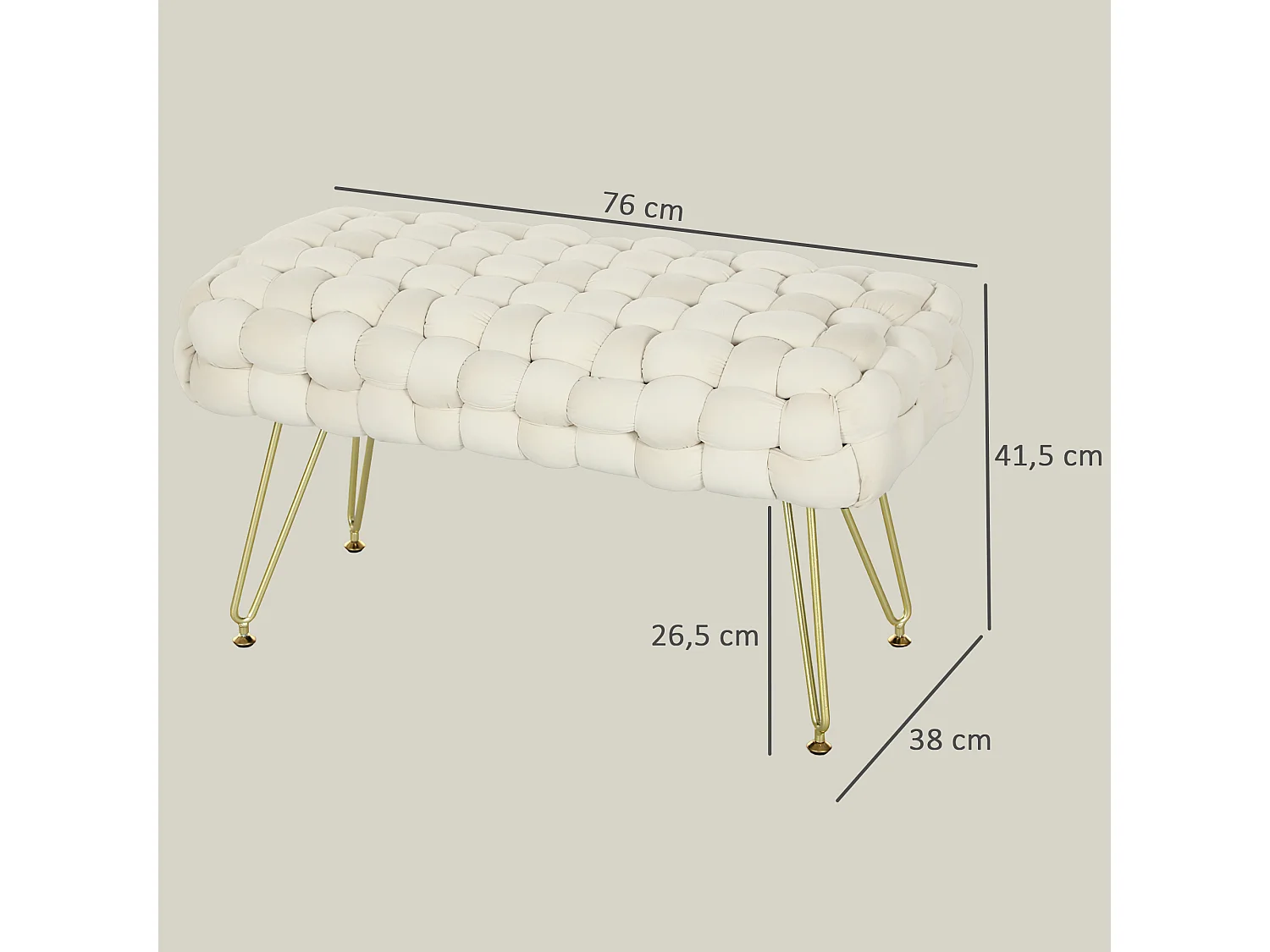Fluwelen poef met metalen poten, comfortabel en stabiel, crème (76x38x41,5cm)
