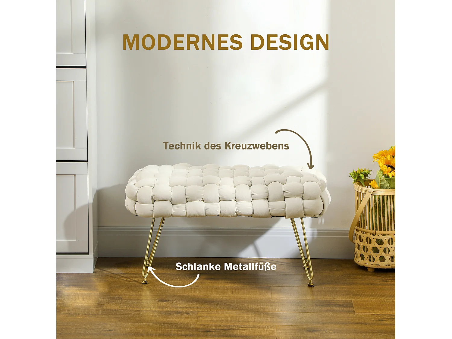 Fluwelen poef met metalen poten, comfortabel en stabiel, crème (76x38x41,5cm)