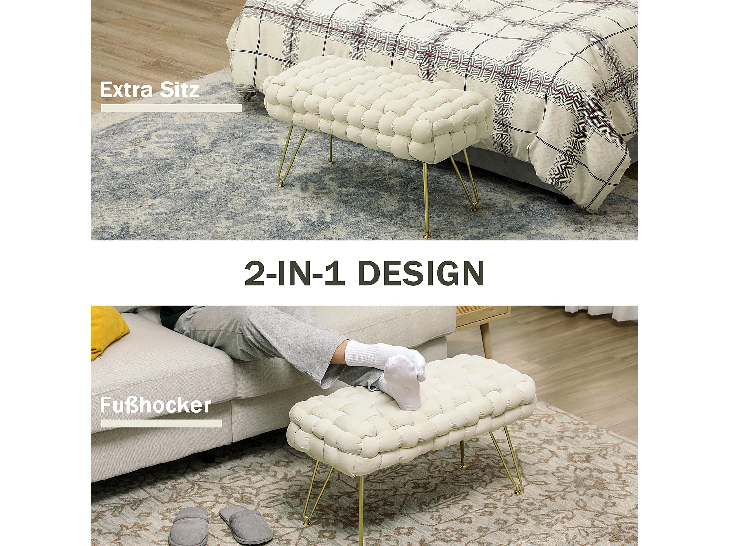 Fluwelen poef met metalen poten, comfortabel en stabiel, crème (76x38x41,5cm)