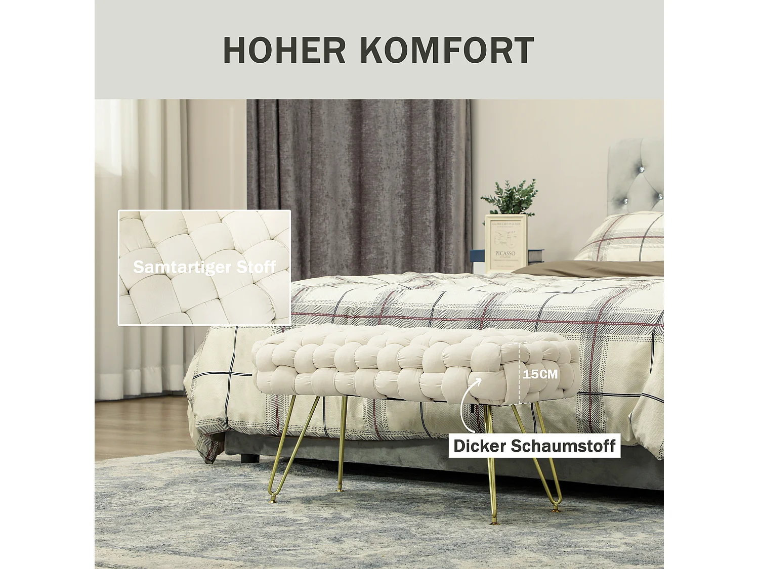 Fluwelen poef met metalen poten, comfortabel en stabiel, crème (76x38x41,5cm)