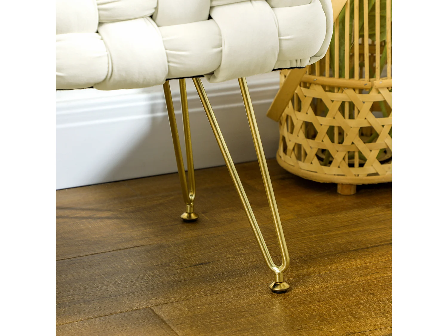 Fluwelen poef met metalen poten, comfortabel en stabiel, crème (76x38x41,5cm)