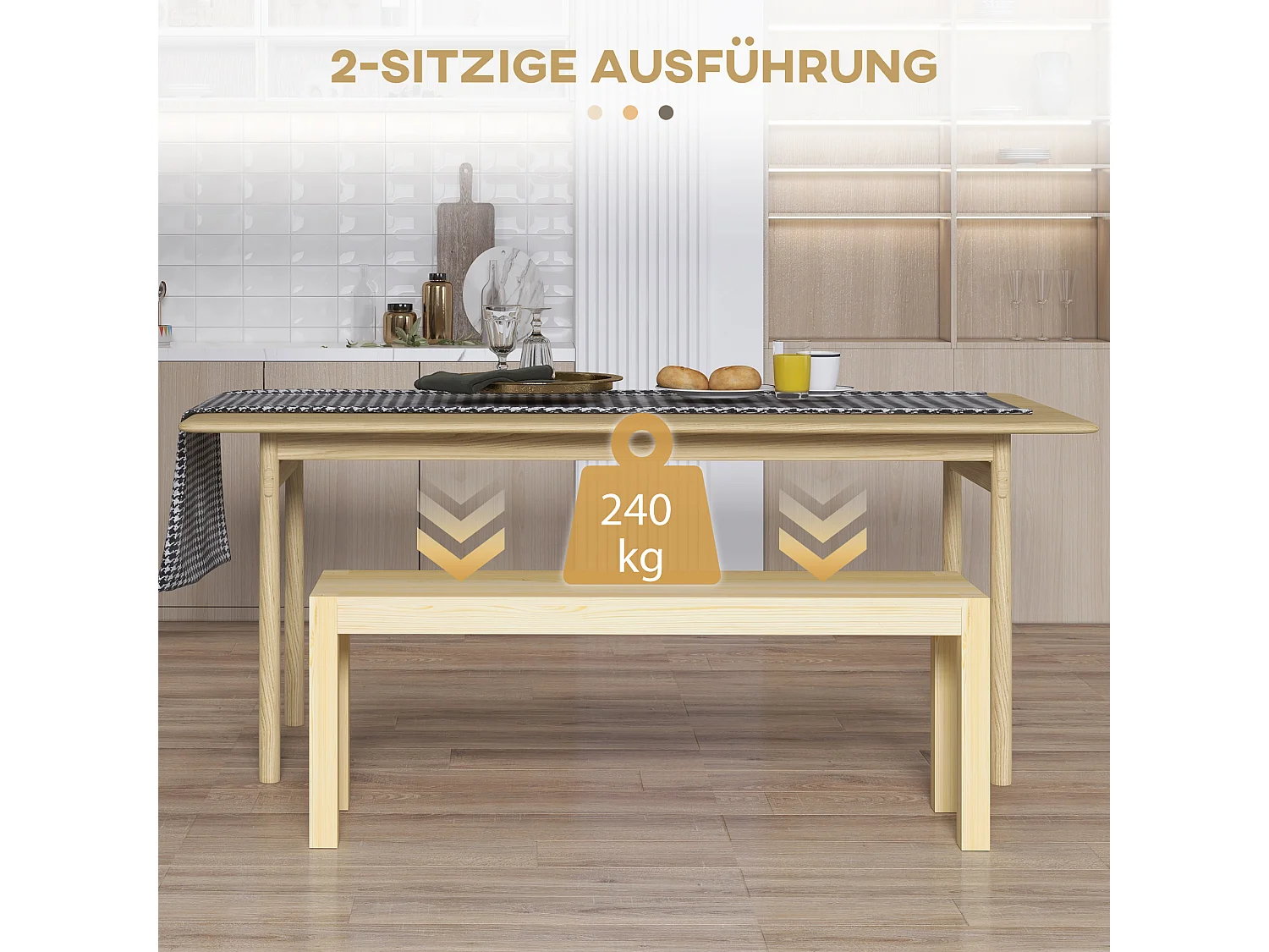 Banc 2 places style campagne, pin naturel, robustesse élevée, naturel (120x33x45cm)