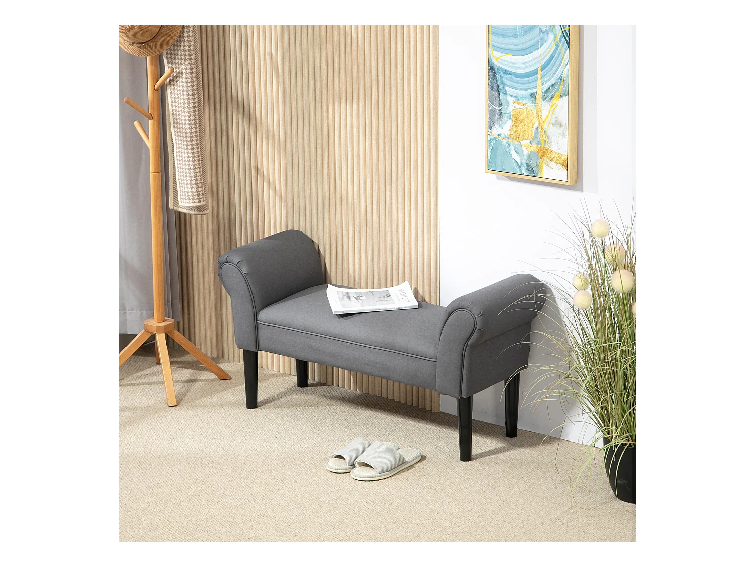Banc rembourré polyvalent, structure MDF, tissu voile, gris foncé (102x36x51cm)