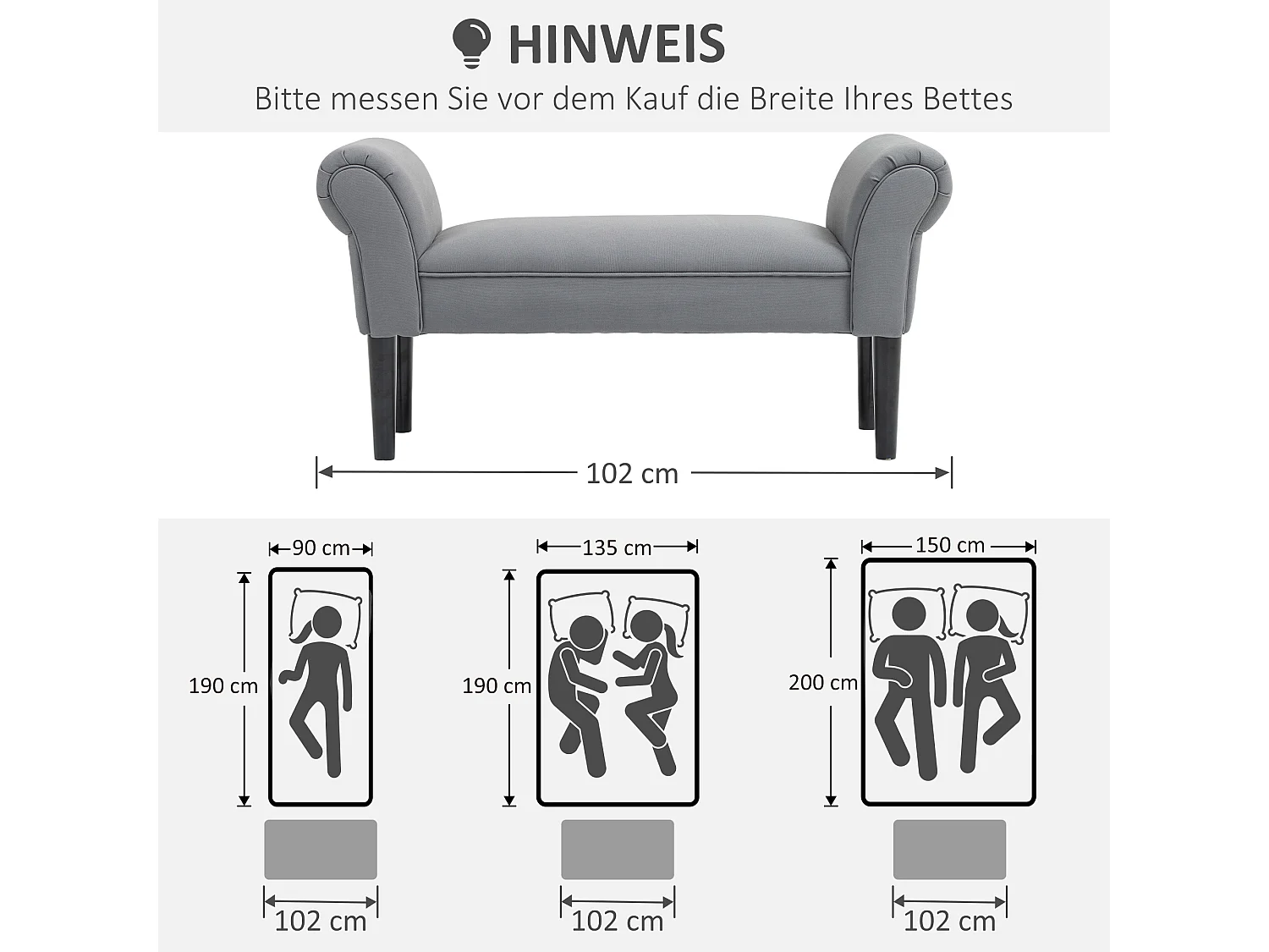 Banc rembourré polyvalent, structure MDF, tissu voile, gris foncé (102x36x51cm)