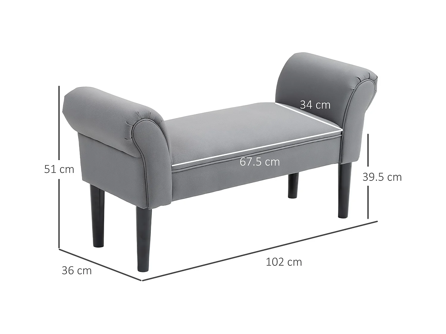 Banc rembourré polyvalent, structure MDF, tissu voile, gris foncé (102x36x51cm)