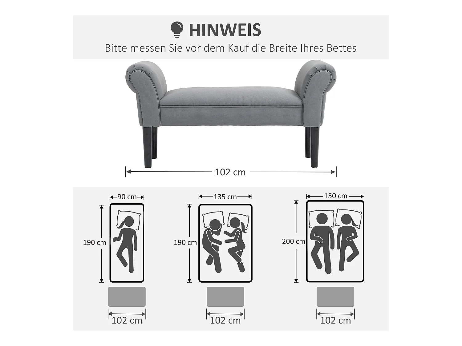 Banc rembourré polyvalent, structure MDF, tissu voile, gris foncé (102x36x51cm)