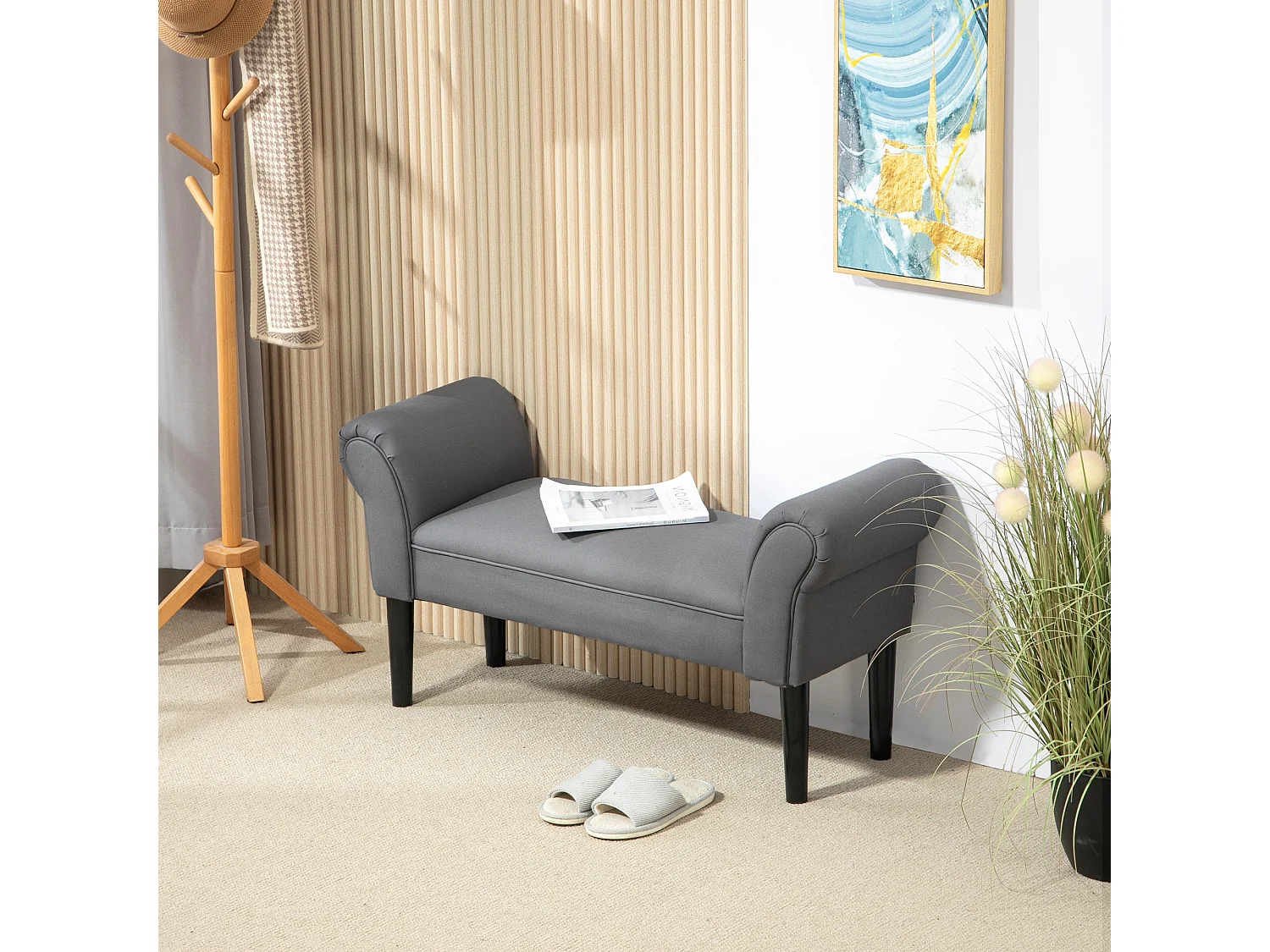 Banc rembourré polyvalent, structure MDF, tissu voile, gris foncé (102x36x51cm)