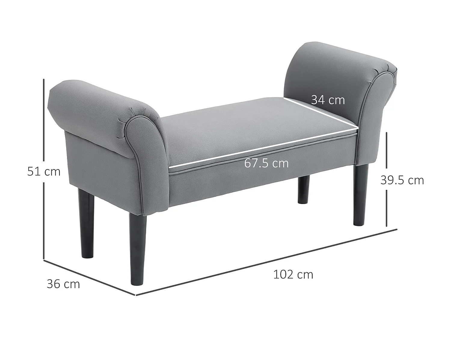 Banc rembourré polyvalent, structure MDF, tissu voile, gris foncé (102x36x51cm)