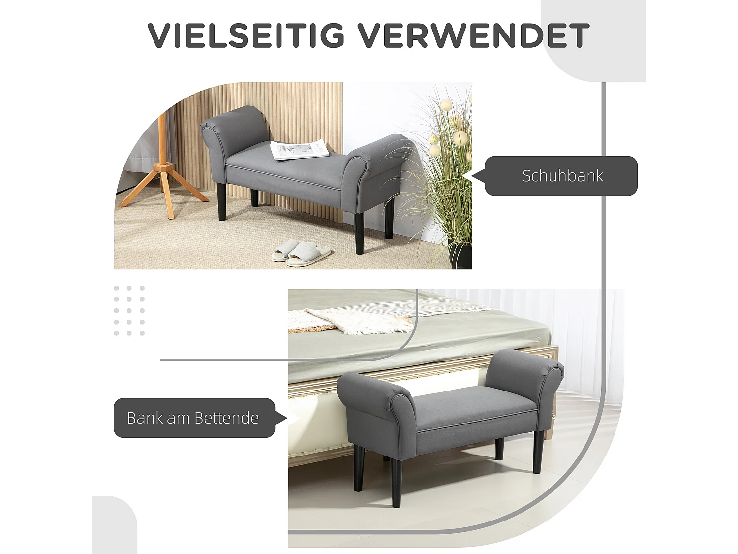 Banc rembourré polyvalent, structure MDF, tissu voile, gris foncé (102x36x51cm)